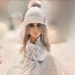 Peaches & Cream Hat and Scarf Winter Set in Cream and Tan Tones, Women's/Teens